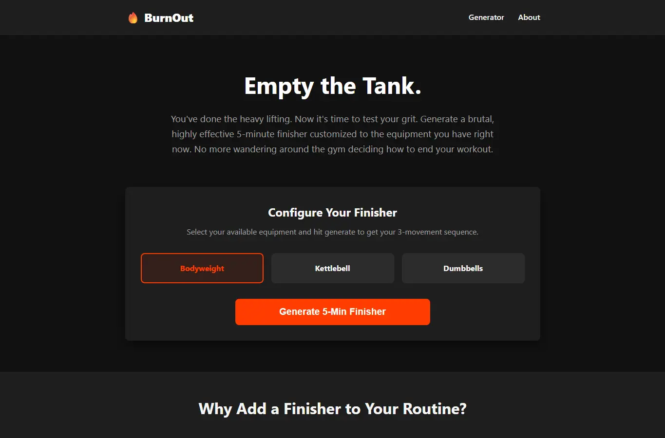 Screenshot of BurnOut: 5-Minute Finisher Generator interface showing the project page in use